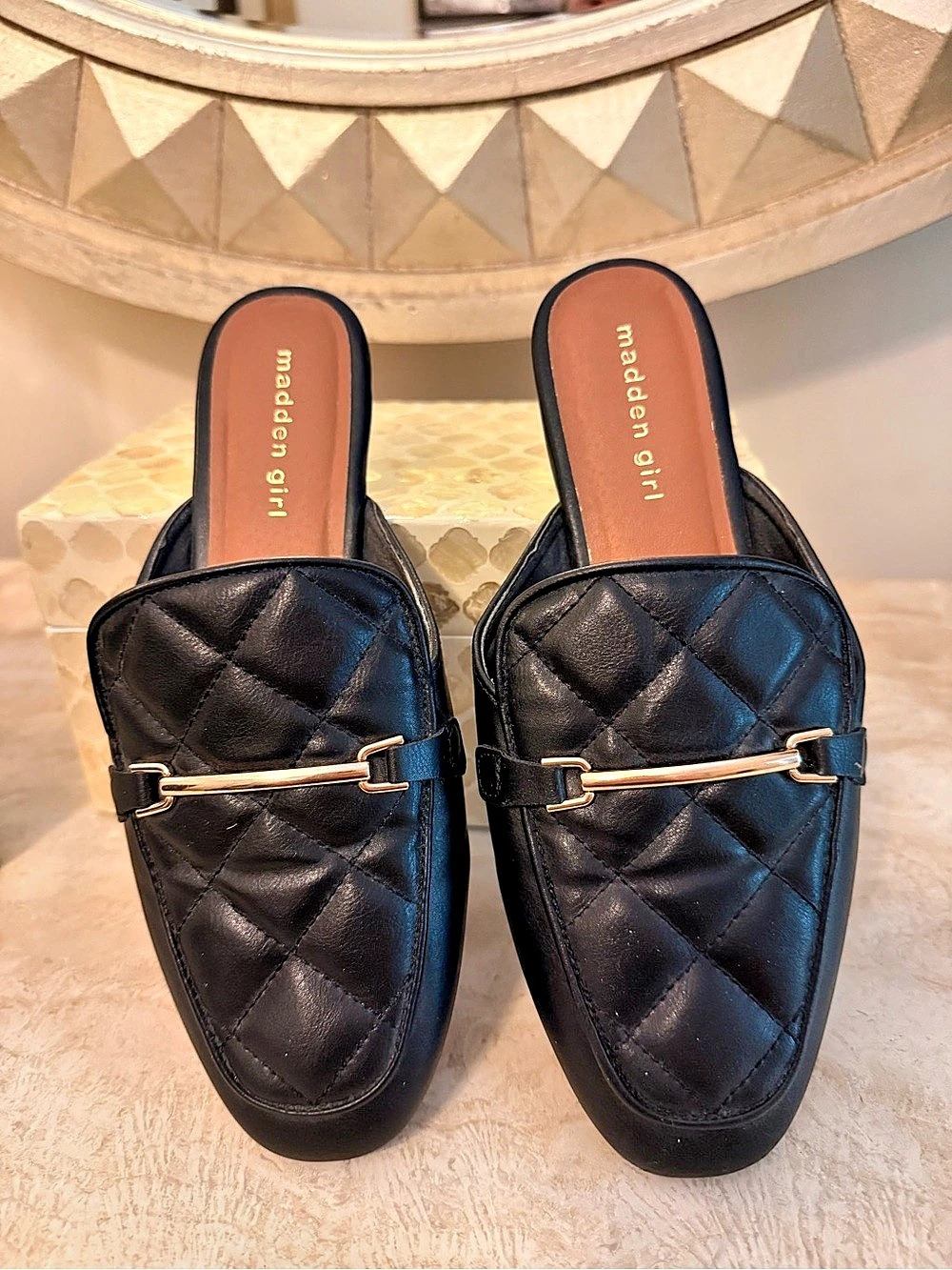 Madden Girl Quilted Mules Gold-Tone Hardware Black US 8